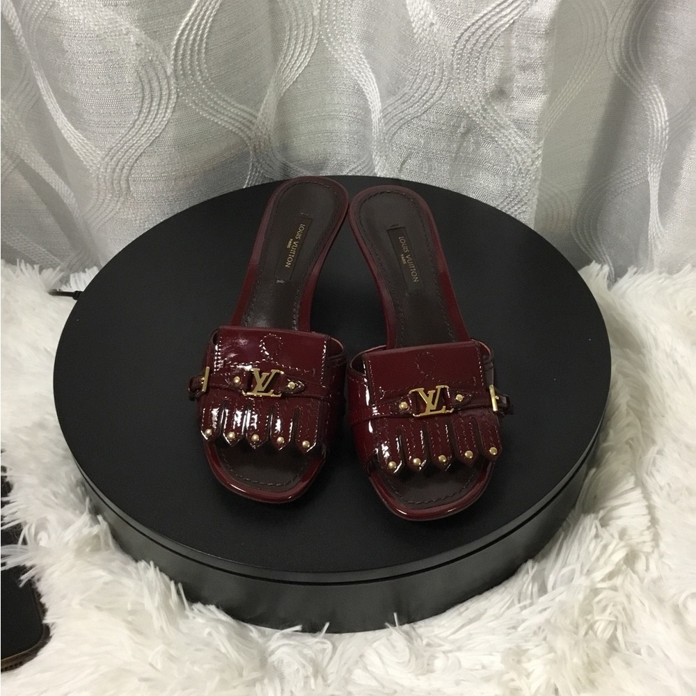Louis Vuitton Burgundy Patent Leather Slide Mules with Gold Hardware - Picture 11 of 13